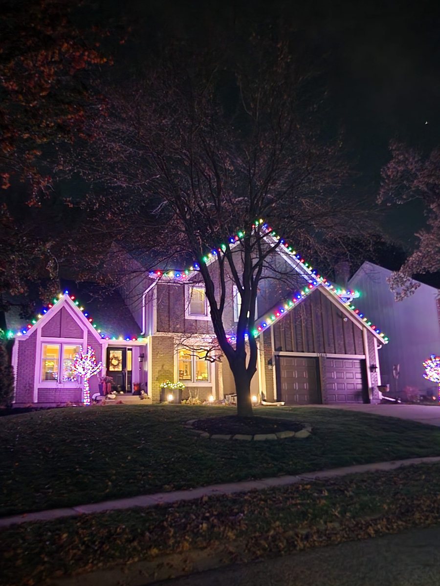 Home lit in pink and violet with a bare tree in the foreground