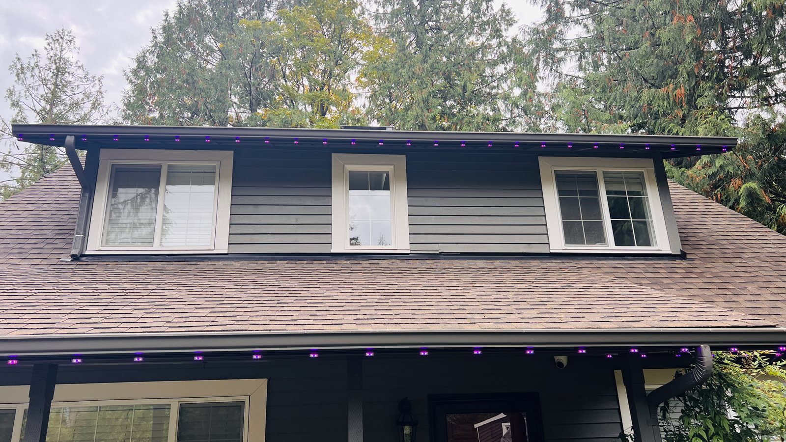 Gray home in daylight with permanent lighting set to purple along the lower eave